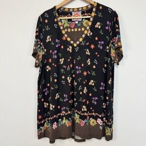 Johnny Was The Janie Favorite Short Sleeve V Neck Tee Women's 1X Black Floral